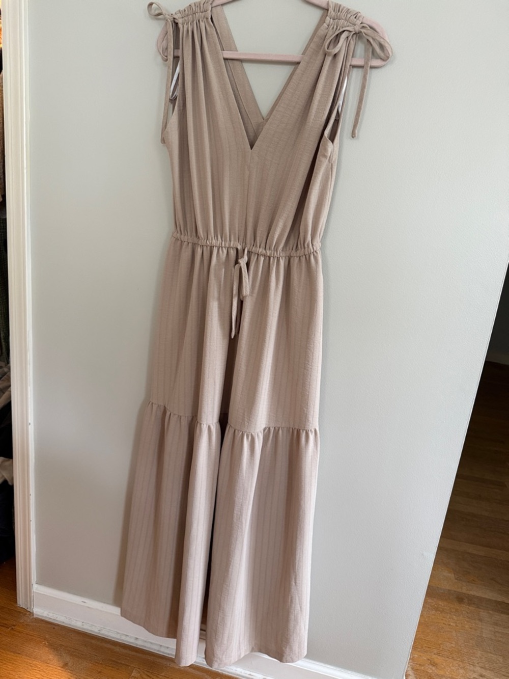 Calvin Klein Sleeveless V-Neck Tiered Maxi Dress in Beige